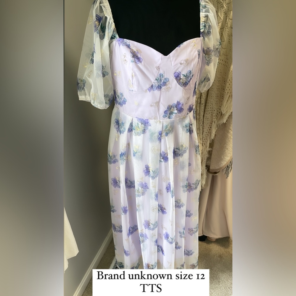 Beautiful light purple dress with gold details and sheer sleeves